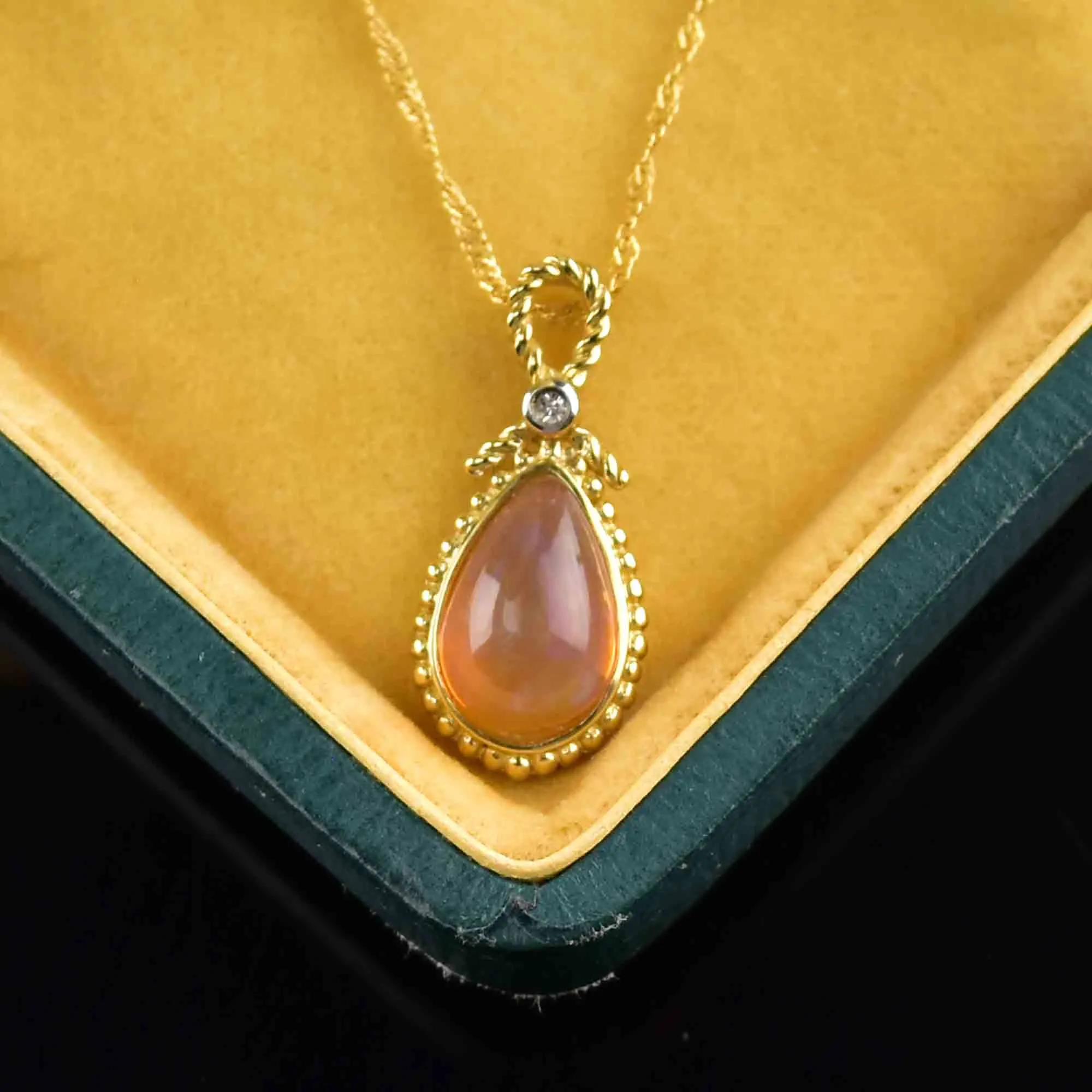 10K Gold Rope Fire Opal Diamond Pendant Necklace