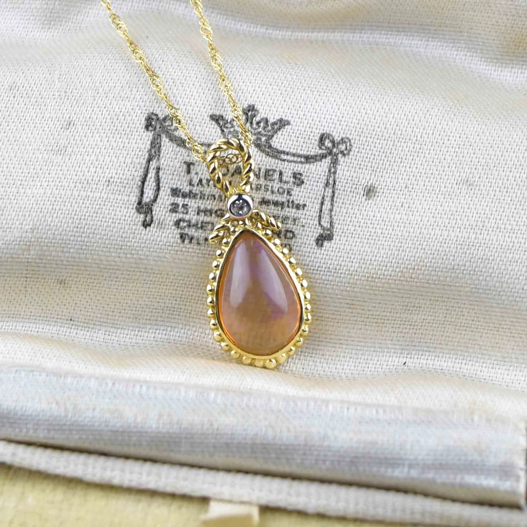 10K Gold Rope Fire Opal Diamond Pendant Necklace