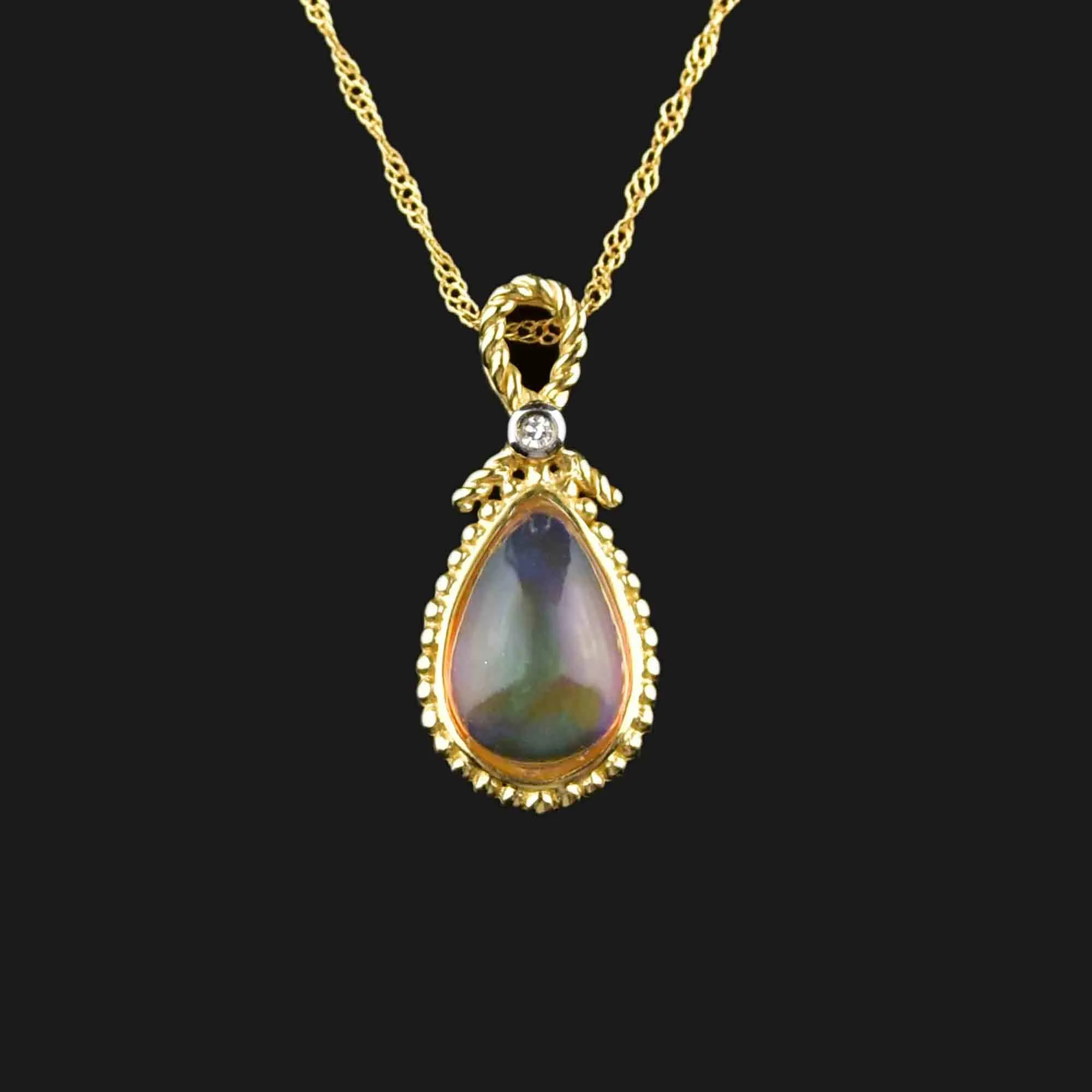 10K Gold Rope Fire Opal Diamond Pendant Necklace