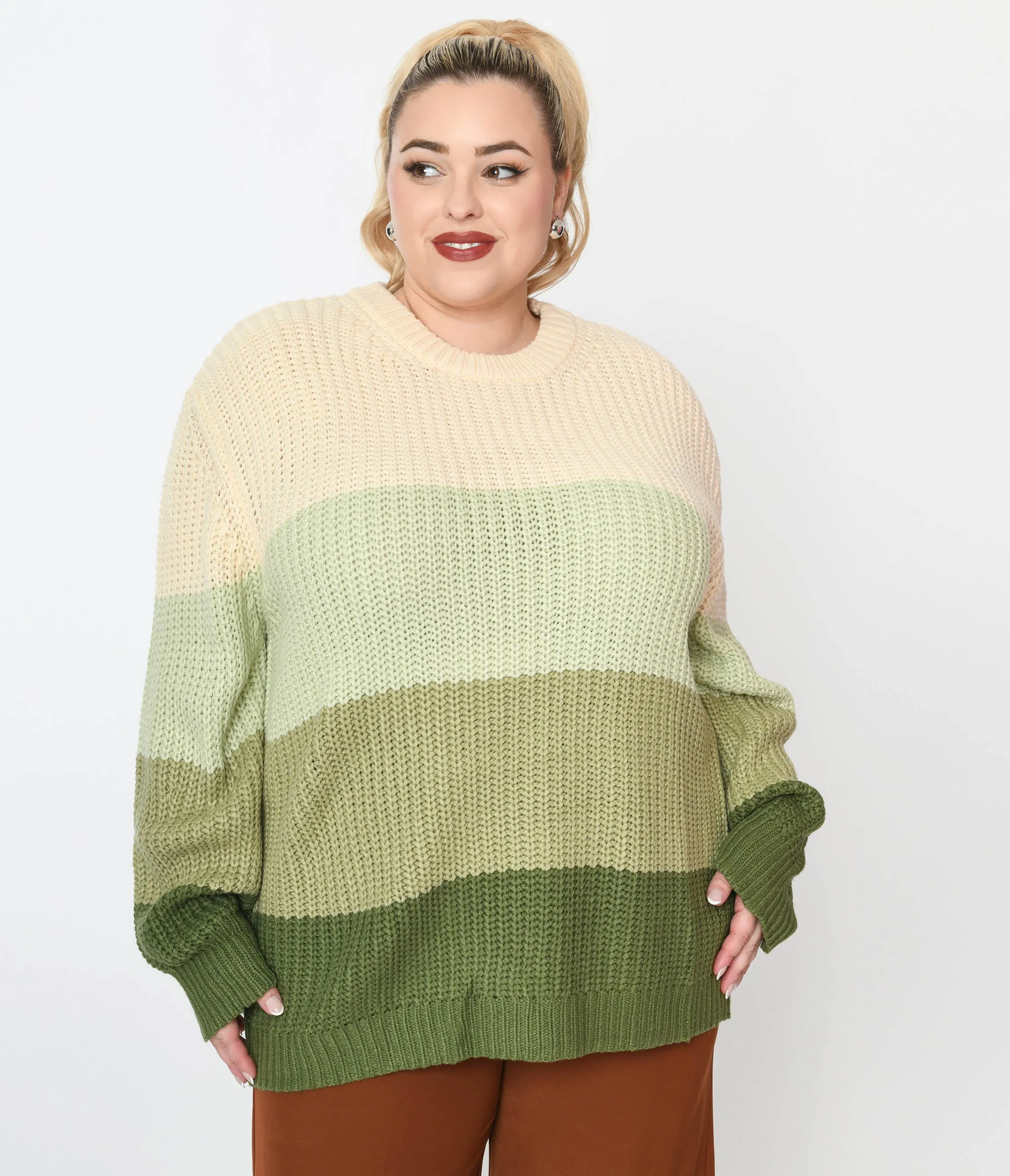 1970s Green Dream Color Block Striped Pullover Knit Sweater