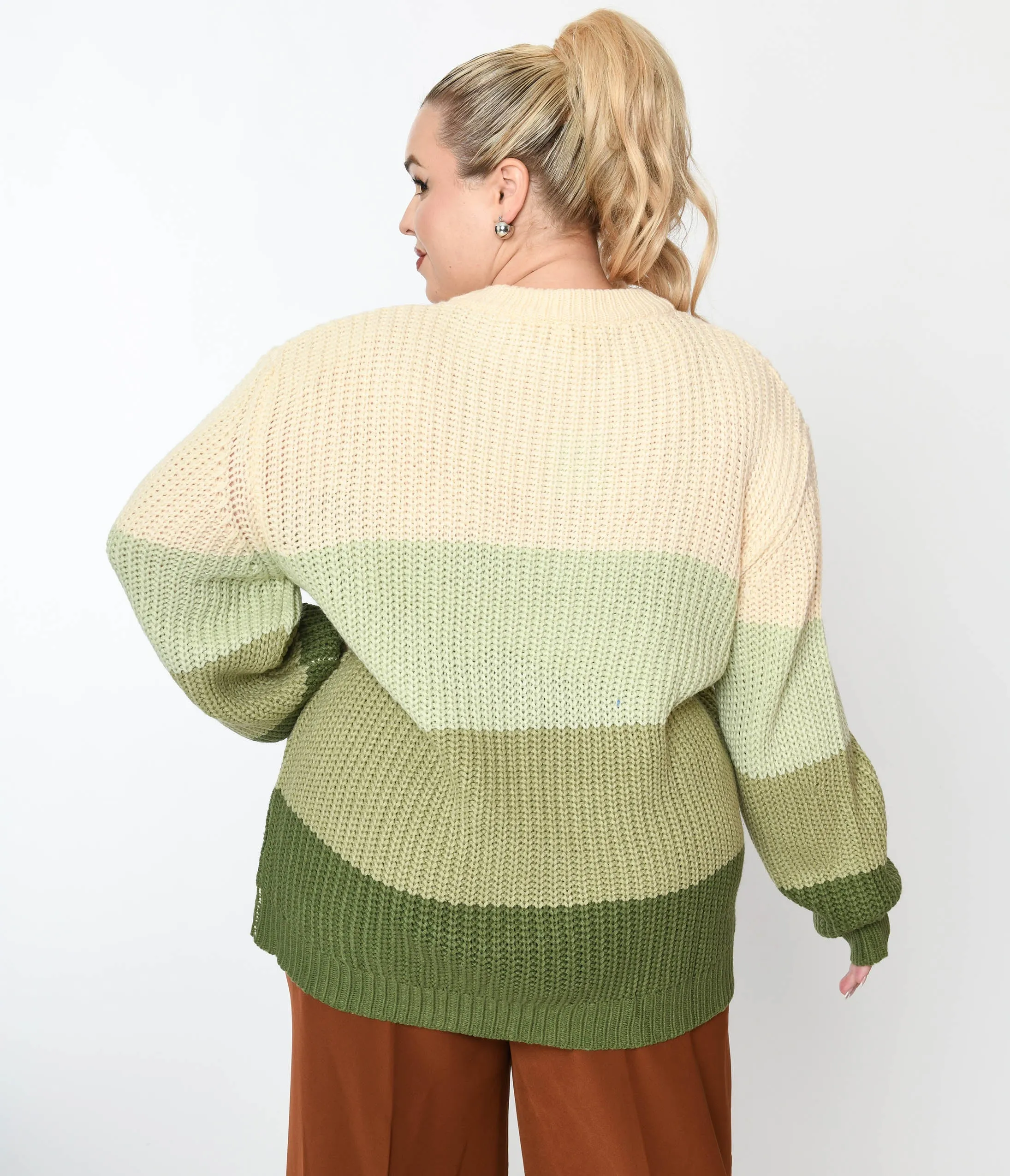 1970s Green Dream Color Block Striped Pullover Knit Sweater