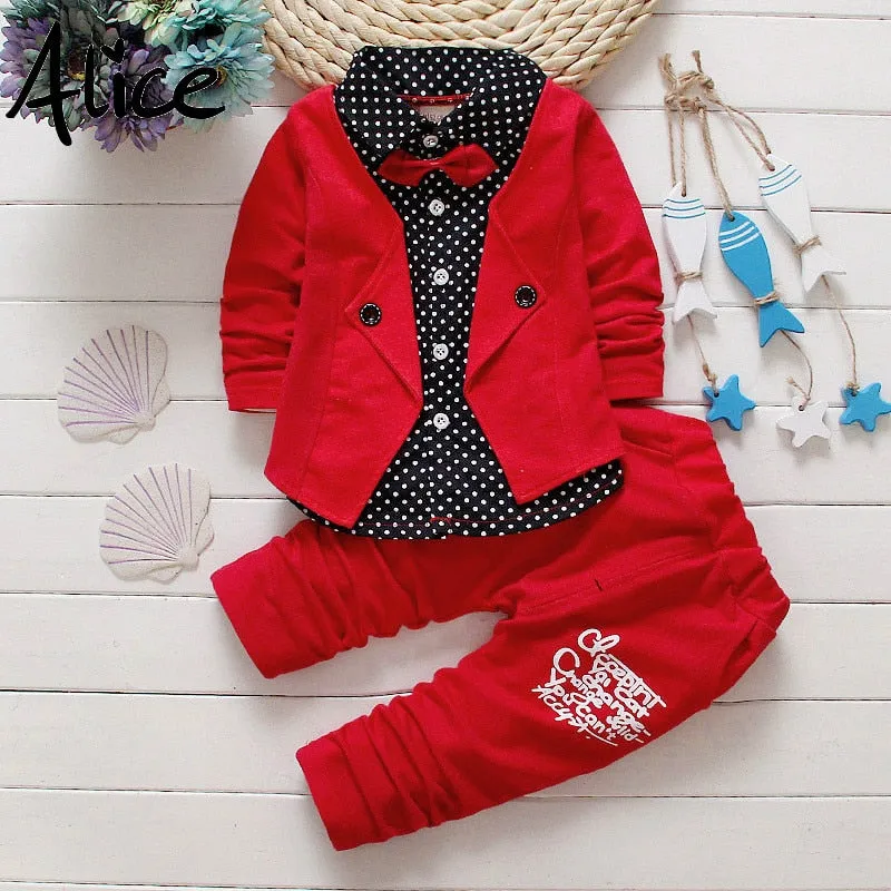 2017 Boys Spring Two Fake Clothing Sets Kids Boys Button Letter Bow Suit Sets Children Jacket + Pants 2 pcs Clothing Set Baby