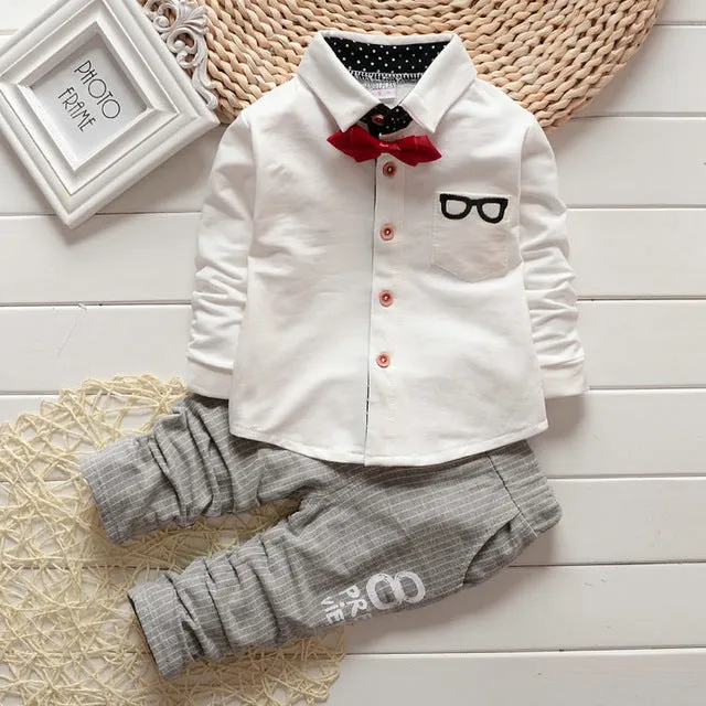 2017 Boys Spring Two Fake Clothing Sets Kids Boys Button Letter Bow Suit Sets Children Jacket + Pants 2 pcs Clothing Set Baby