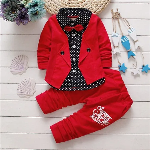 2017 Boys Spring Two Fake Clothing Sets Kids Boys Button Letter Bow Suit Sets Children Jacket + Pants 2 pcs Clothing Set Baby