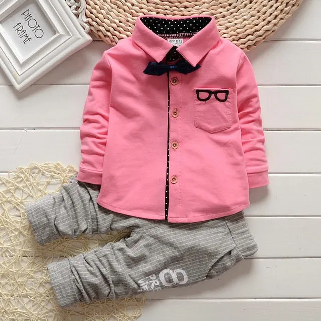 2017 Boys Spring Two Fake Clothing Sets Kids Boys Button Letter Bow Suit Sets Children Jacket + Pants 2 pcs Clothing Set Baby