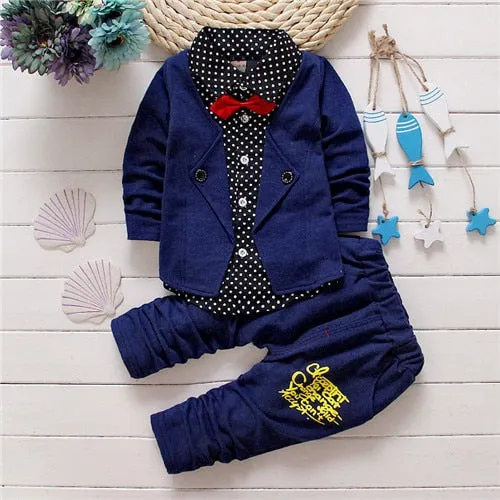 2017 Boys Spring Two Fake Clothing Sets Kids Boys Button Letter Bow Suit Sets Children Jacket + Pants 2 pcs Clothing Set Baby