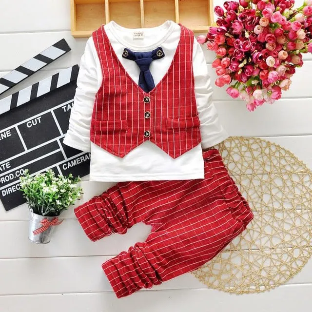 2017 Boys Spring Two Fake Clothing Sets Kids Boys Button Letter Bow Suit Sets Children Jacket + Pants 2 pcs Clothing Set Baby