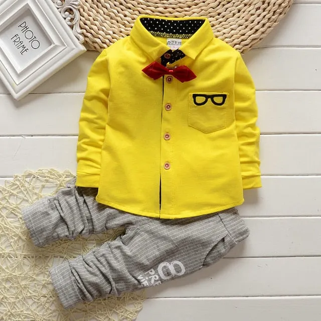 2017 Boys Spring Two Fake Clothing Sets Kids Boys Button Letter Bow Suit Sets Children Jacket + Pants 2 pcs Clothing Set Baby