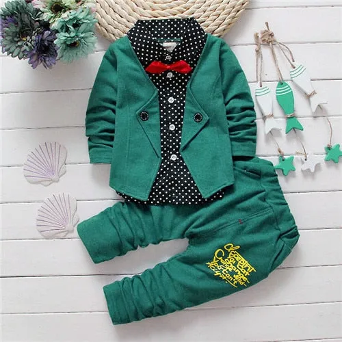 2017 Boys Spring Two Fake Clothing Sets Kids Boys Button Letter Bow Suit Sets Children Jacket + Pants 2 pcs Clothing Set Baby