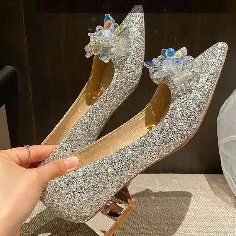 2023 Spring New Women's Single Shoes Luxury Pointed Sequins Rhinestone Crystal Bowknot High Heeled Wedding Party Shoes