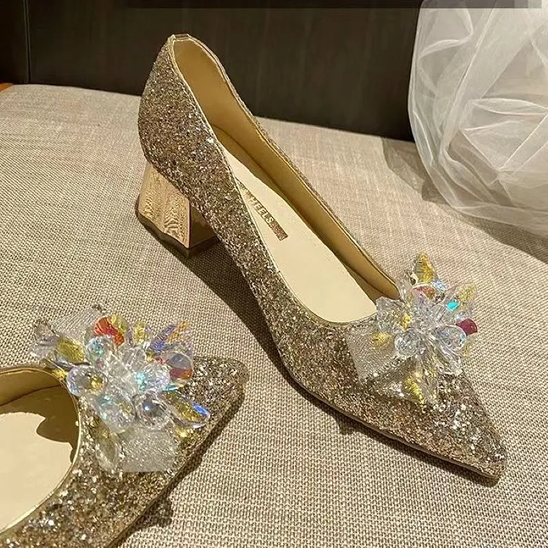 2023 Spring New Women's Single Shoes Luxury Pointed Sequins Rhinestone Crystal Bowknot High Heeled Wedding Party Shoes