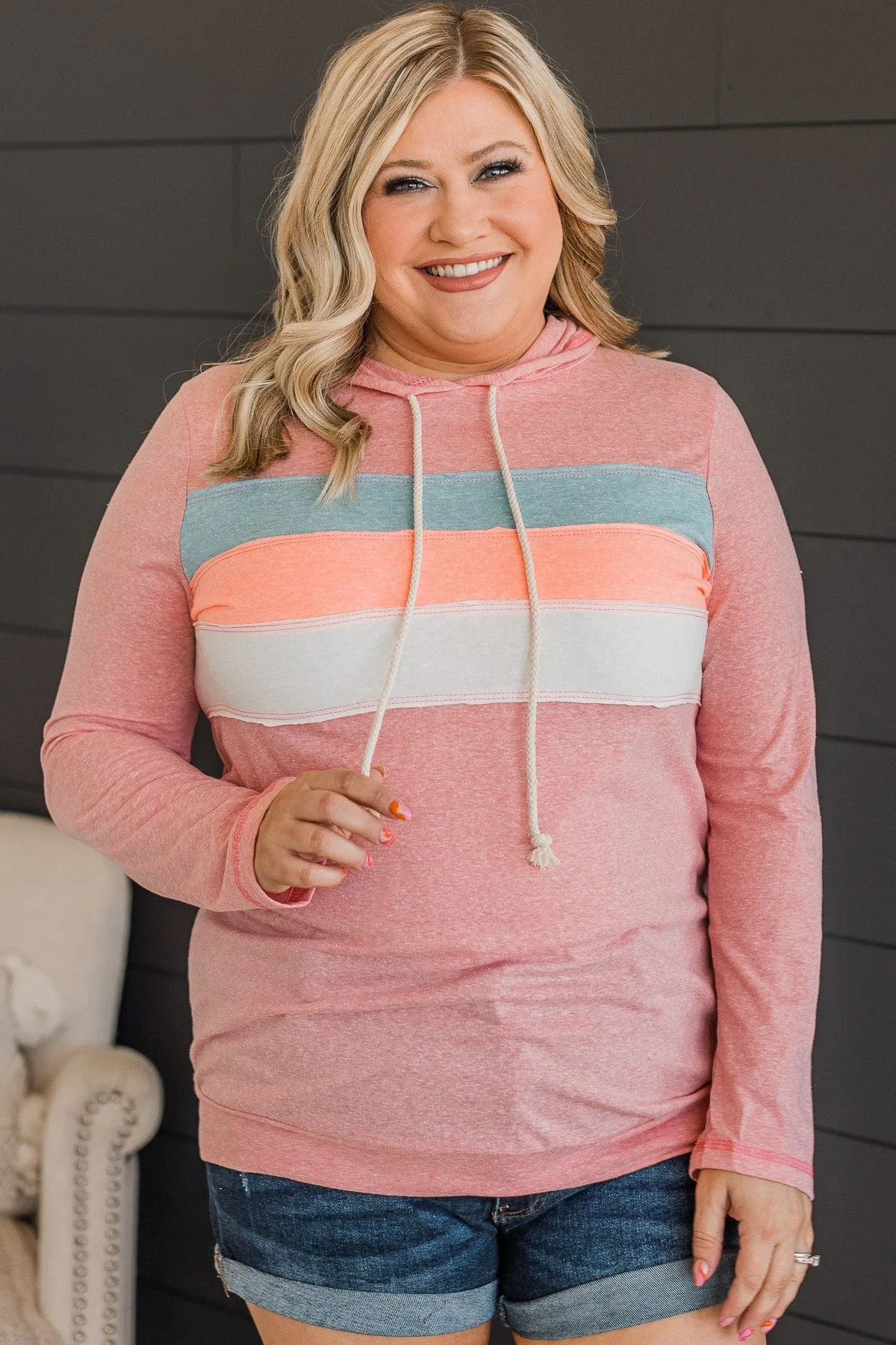 All Over This Striped Hooded Top- Salmon Pink