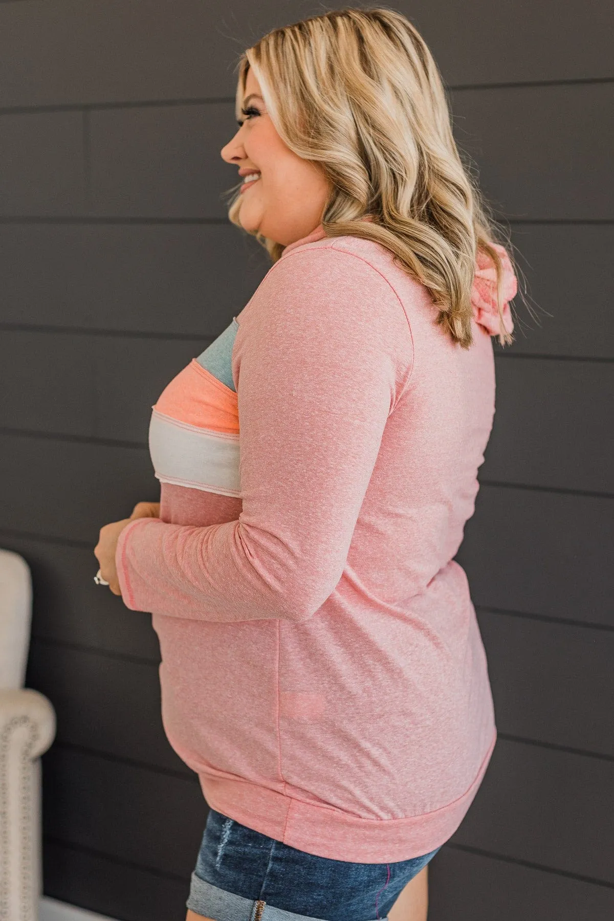 All Over This Striped Hooded Top- Salmon Pink