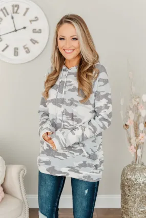 Anything Is Possible Drawstring Hoodie- Grey Camo