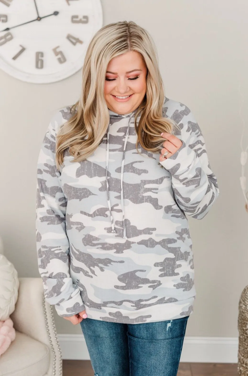 Anything Is Possible Drawstring Hoodie- Grey Camo