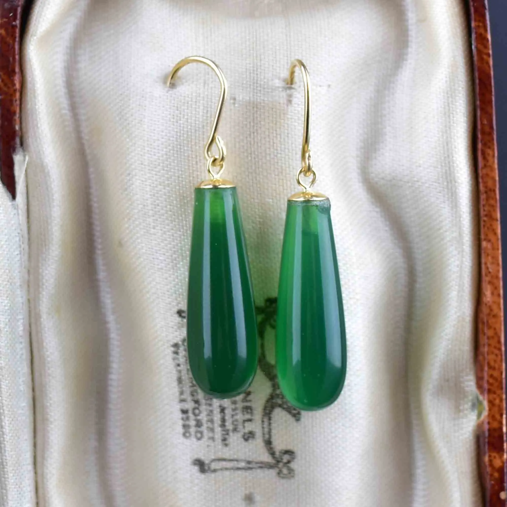 Art Deco Style Gold Green Chalcedony Drop Earrings