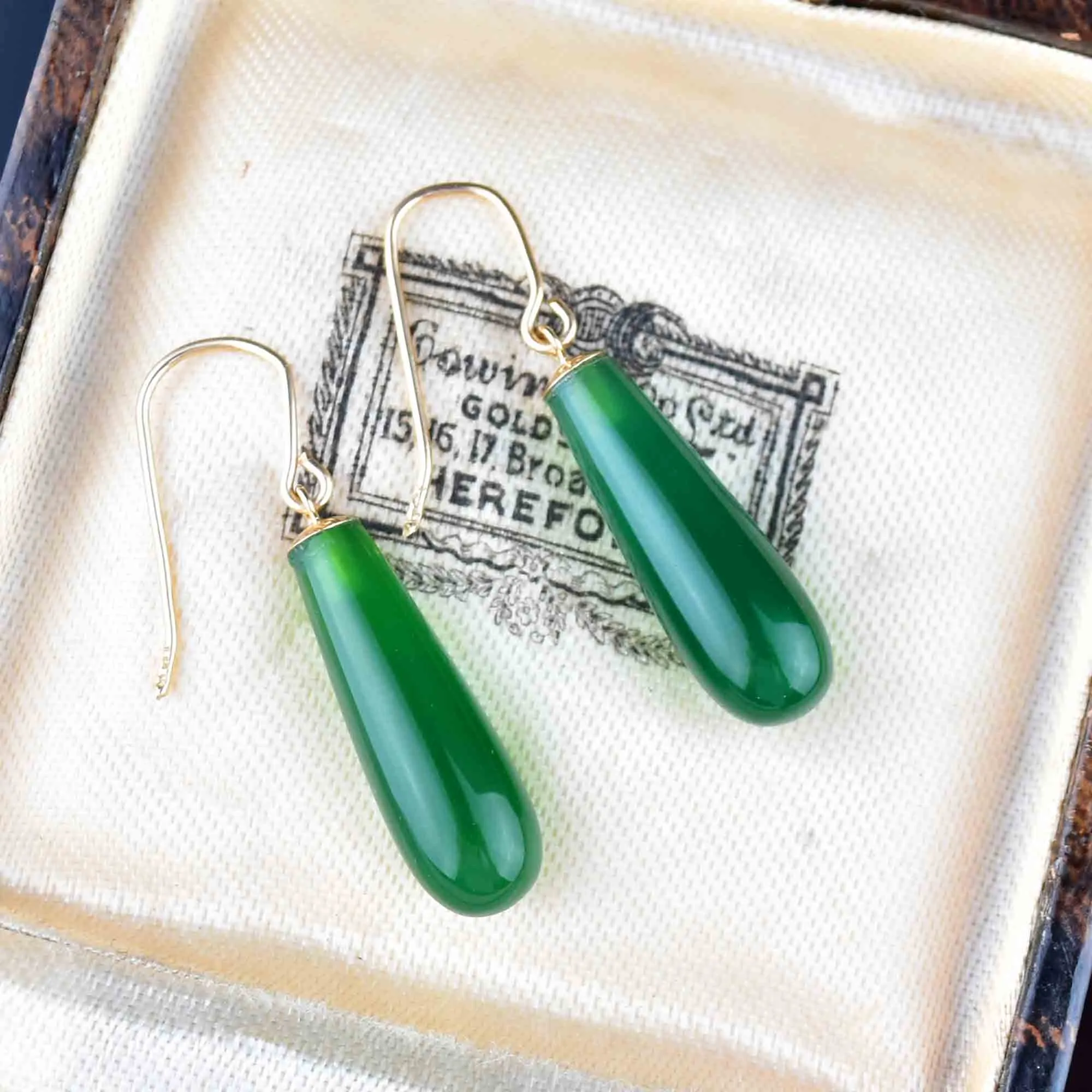 Art Deco Style Gold Green Chalcedony Drop Earrings