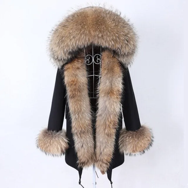 Black Color Women's Real Fur Winter Coat Jacket with Contrasting Fur Collar