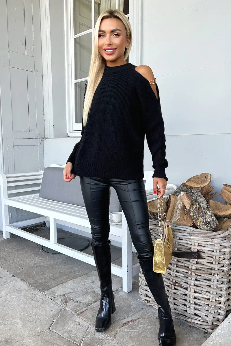 Black Cut Out Shoulder Chain Detail Knit Jumper