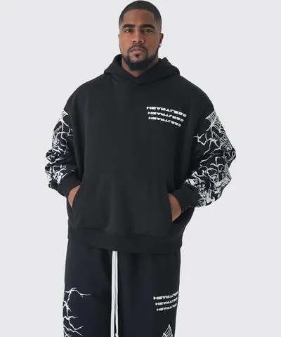 boohoo Mens Plus Oversized Boxy Sleeve Print Hoodie