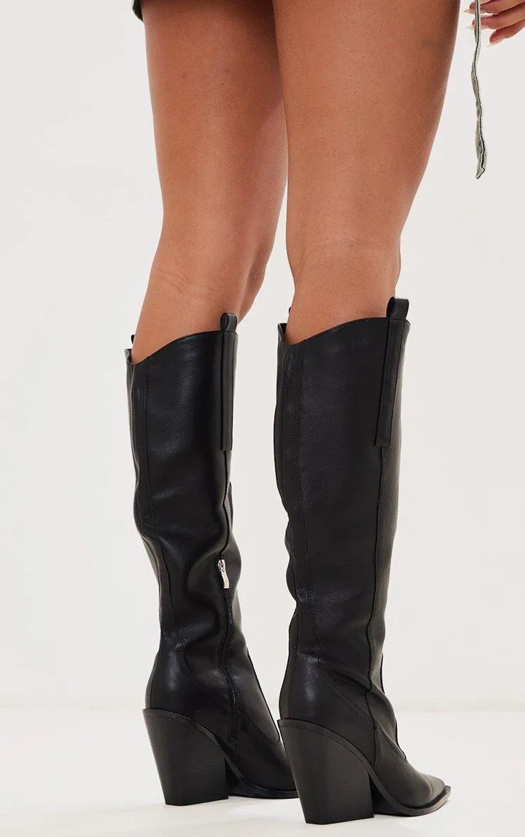 Boots | Black Western Pointed Wedge Heeled Knee Boots | PrettyLittleThing