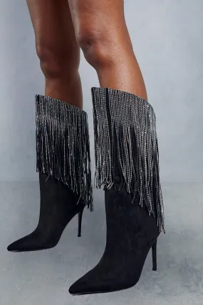 Boots | Faux Suede Metallic Tassel Heeled Boots | MissPap