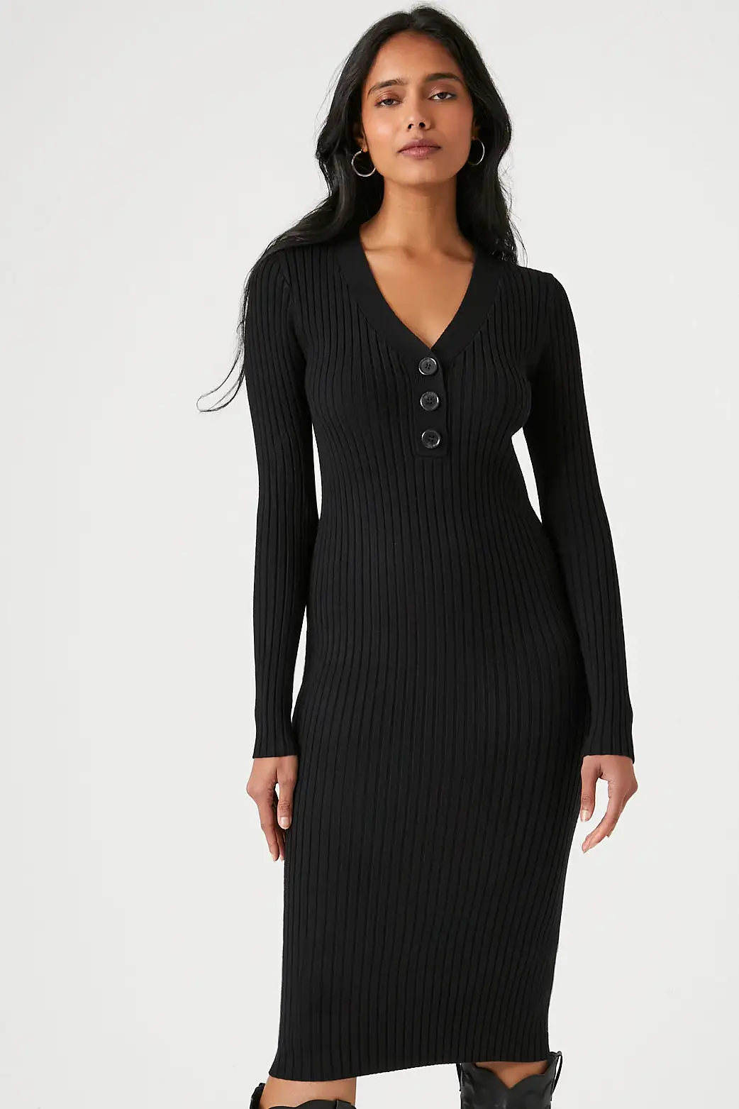 Button-Front Midi Sweater Dress