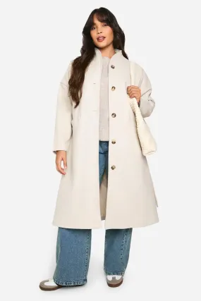 Collarless Wool Look Belted Coat