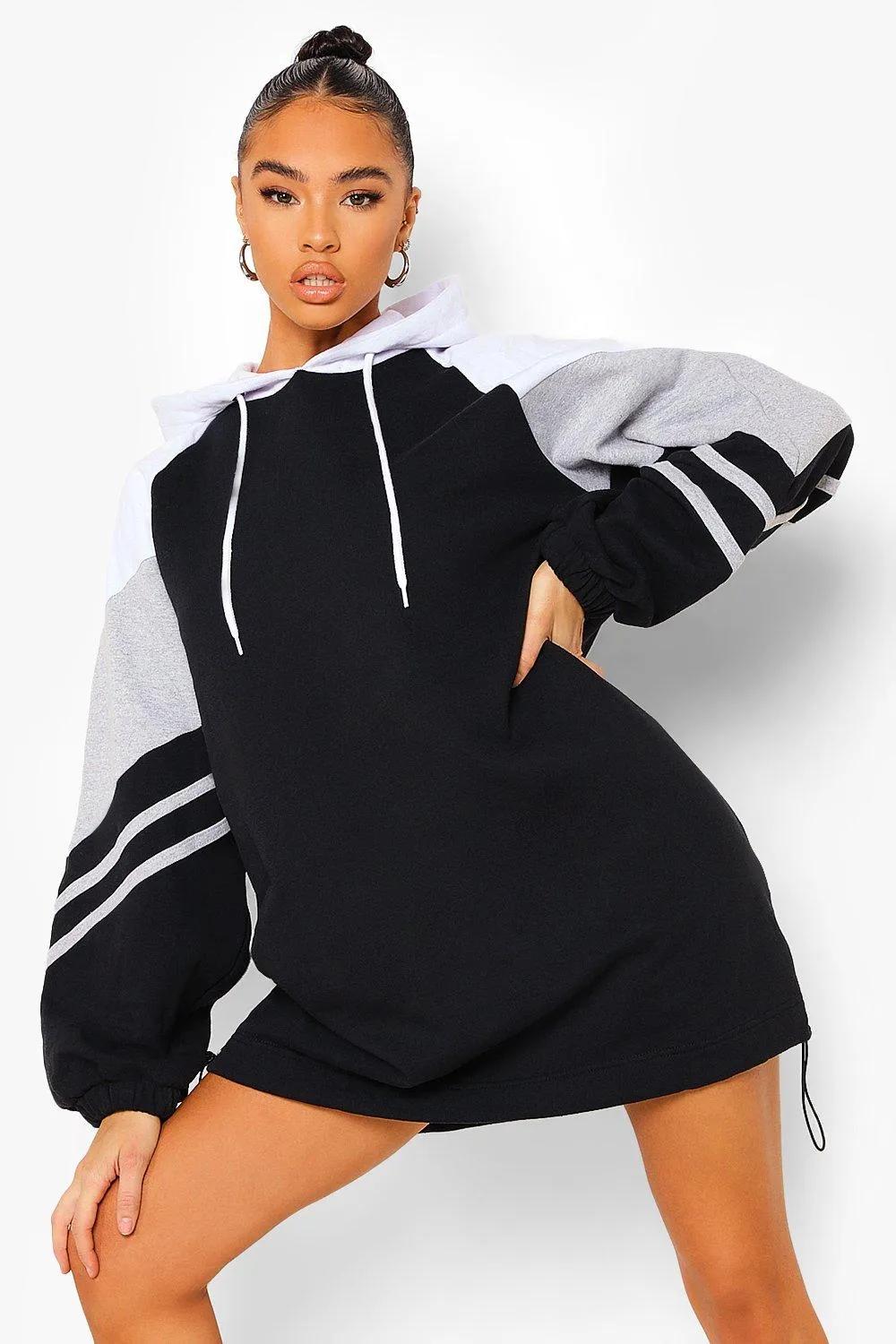 Color Block Balloon Sleeve Hoodie Dress