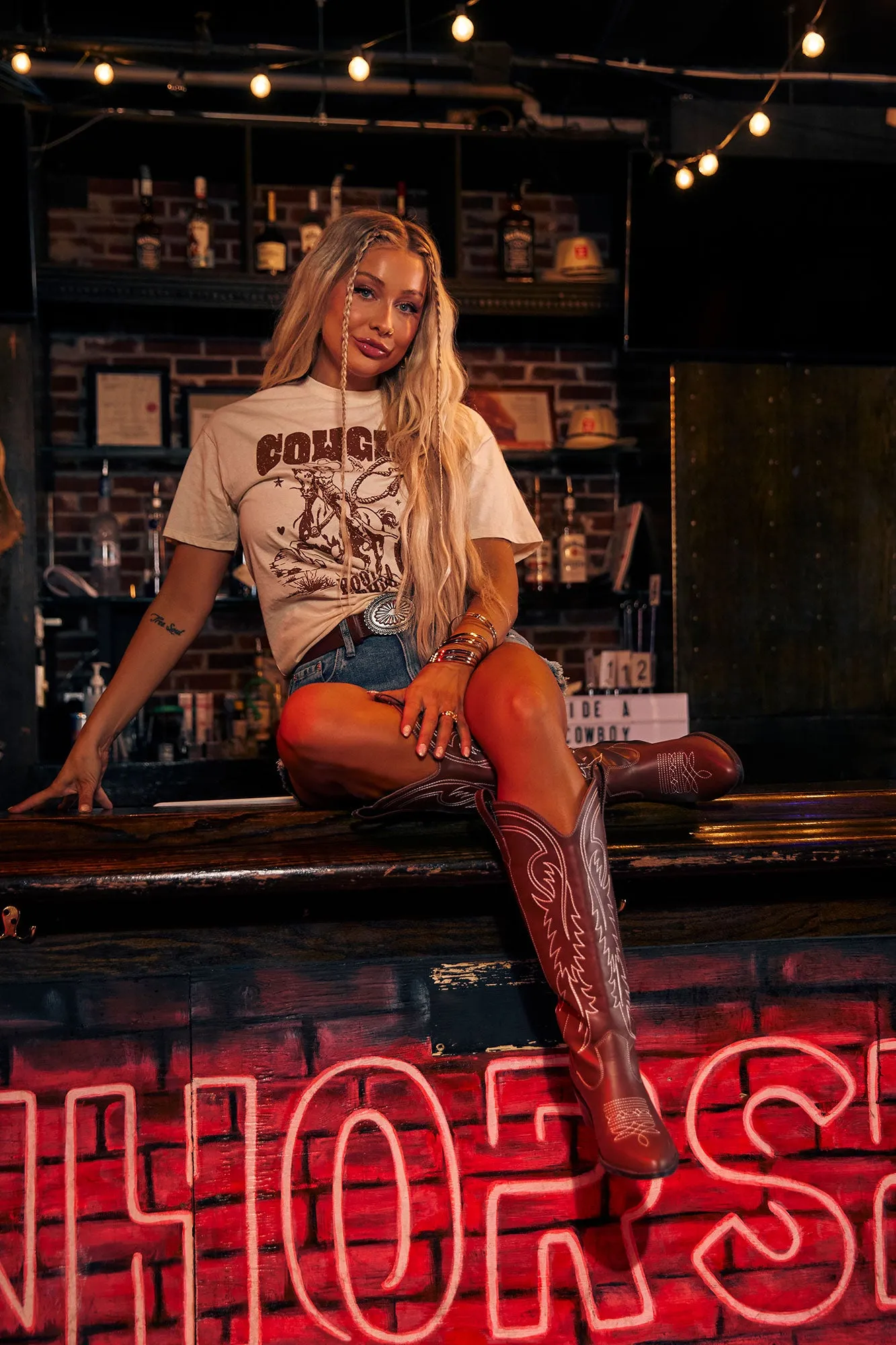 Cowgirl Era Boots and Hearts Graphic Boyfriend T-Shirt