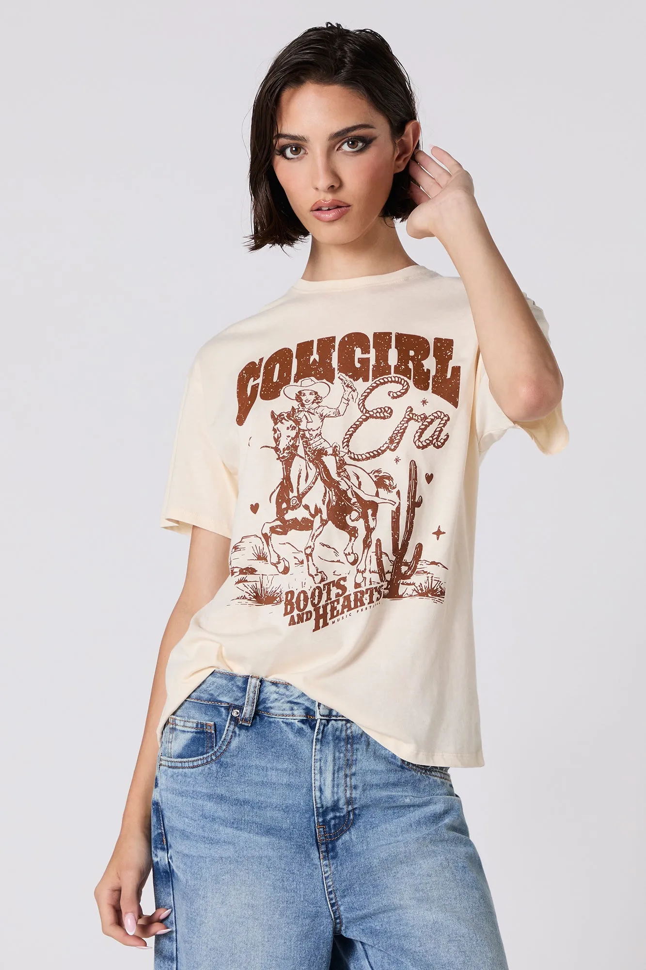 Cowgirl Era Boots and Hearts Graphic Boyfriend T-Shirt