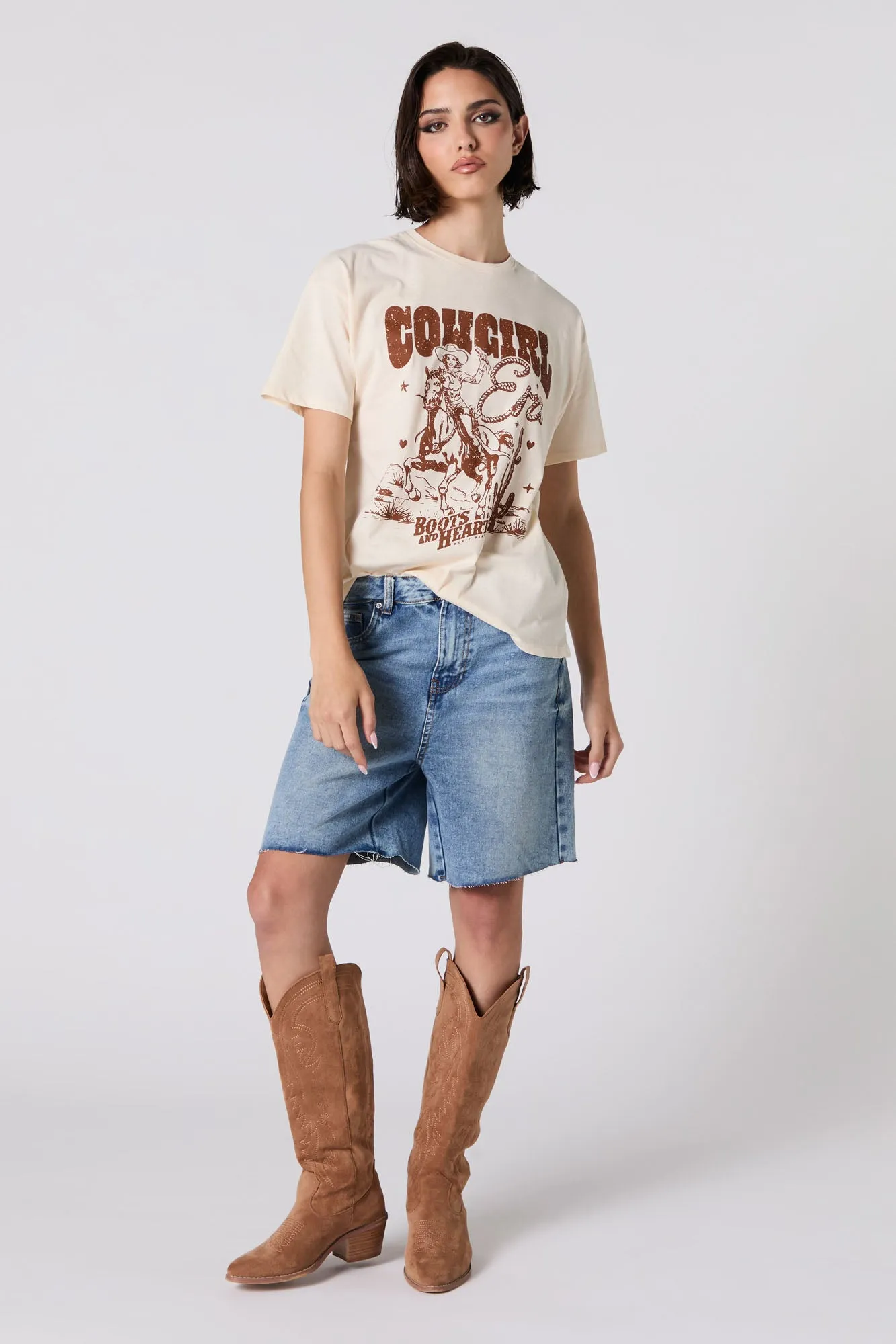 Cowgirl Era Boots and Hearts Graphic Boyfriend T-Shirt