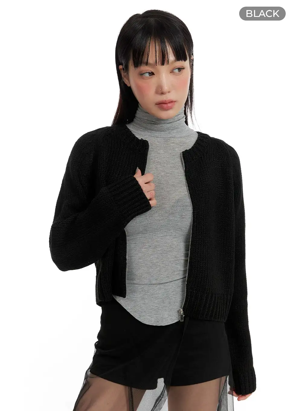 Crew Neck Zip-Up Knit Cardigan IF423