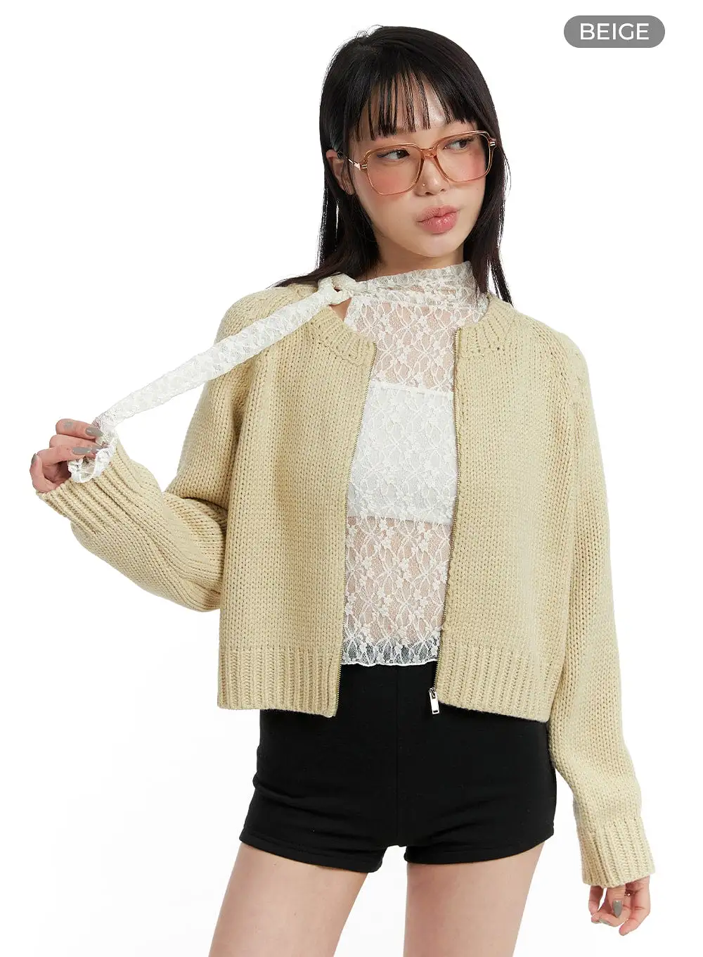 Crew Neck Zip-Up Knit Cardigan IF423