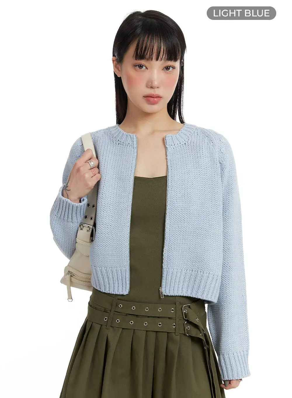 Crew Neck Zip-Up Knit Cardigan IF423