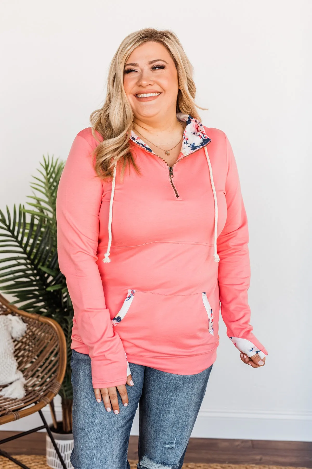 Easy To Love Quarter Zip Hoodie- Pink