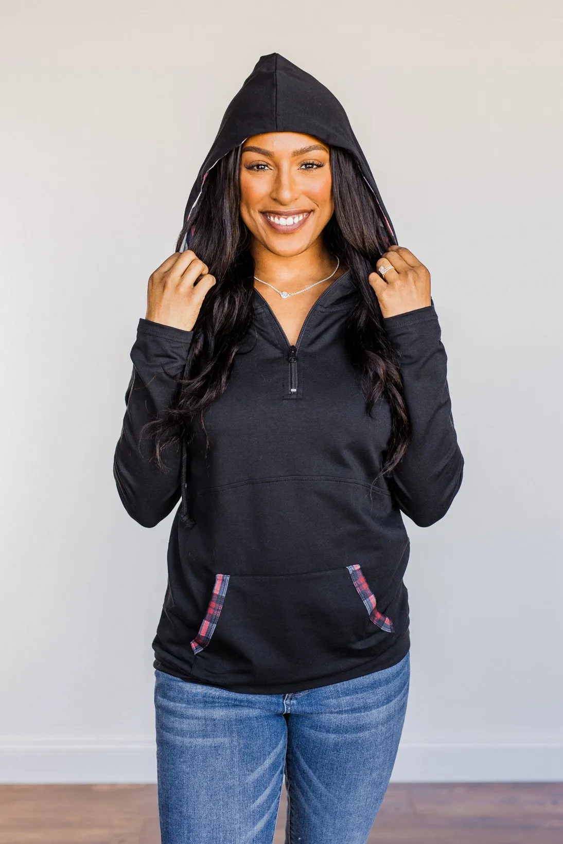 Easy To Love Quarter Zip Hoodie- Red & Black