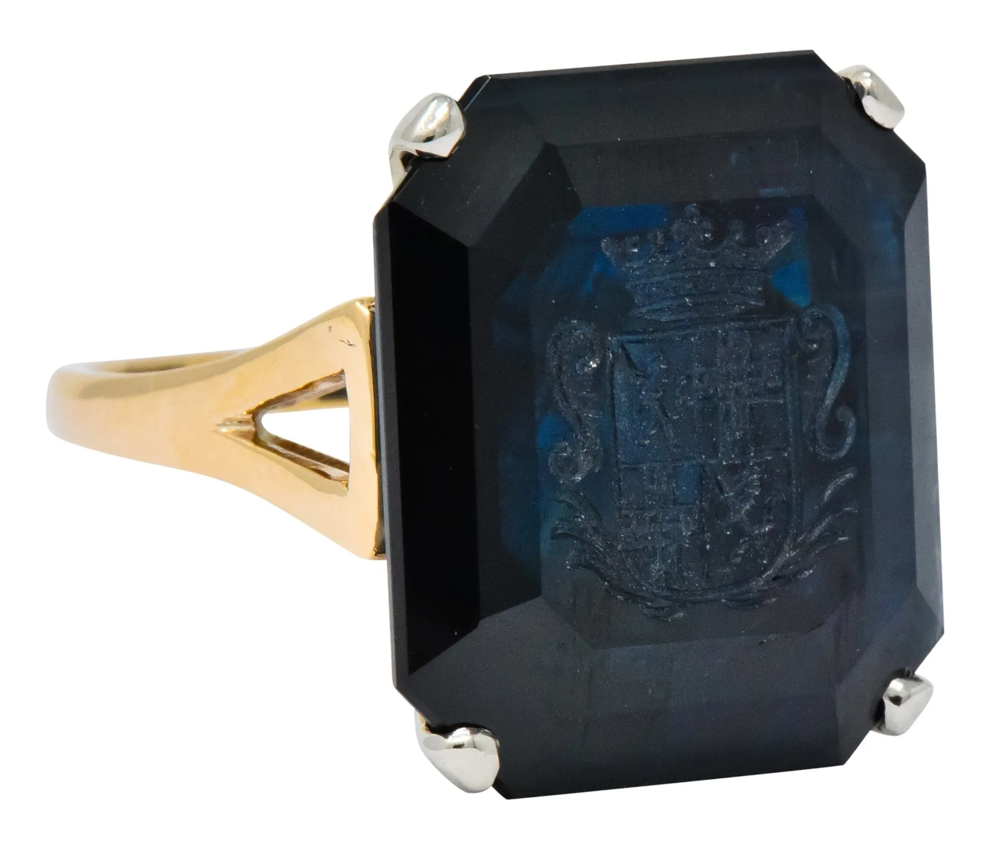 Edwardian 23.88 CTW No Heat Intaglio Sapphire Two-Tone 14 Karat Gold Ring GIA