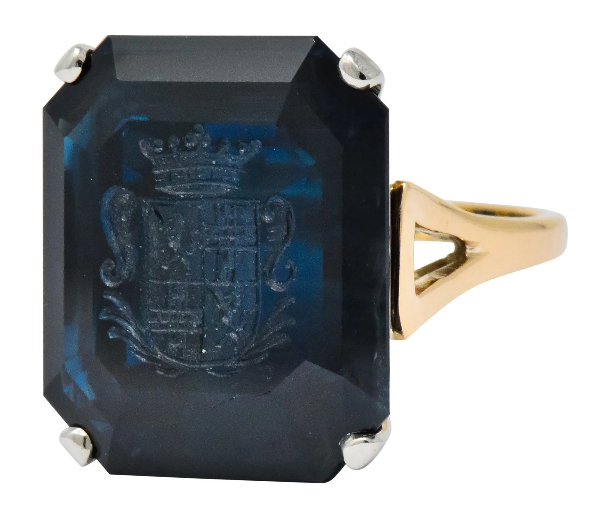 Edwardian 23.88 CTW No Heat Intaglio Sapphire Two-Tone 14 Karat Gold Ring GIA