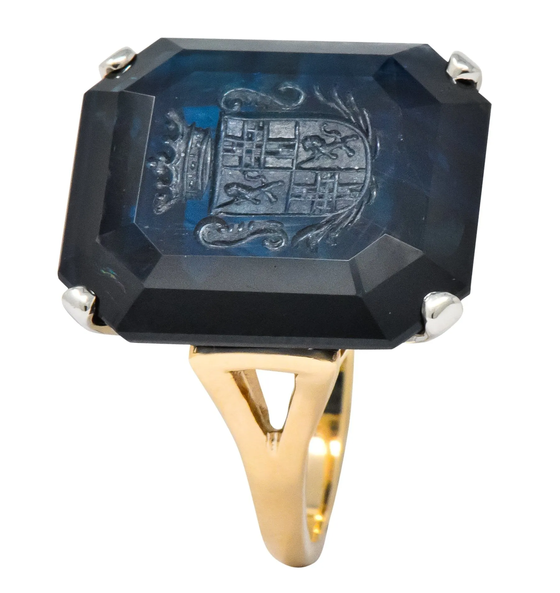 Edwardian 23.88 CTW No Heat Intaglio Sapphire Two-Tone 14 Karat Gold Ring GIA