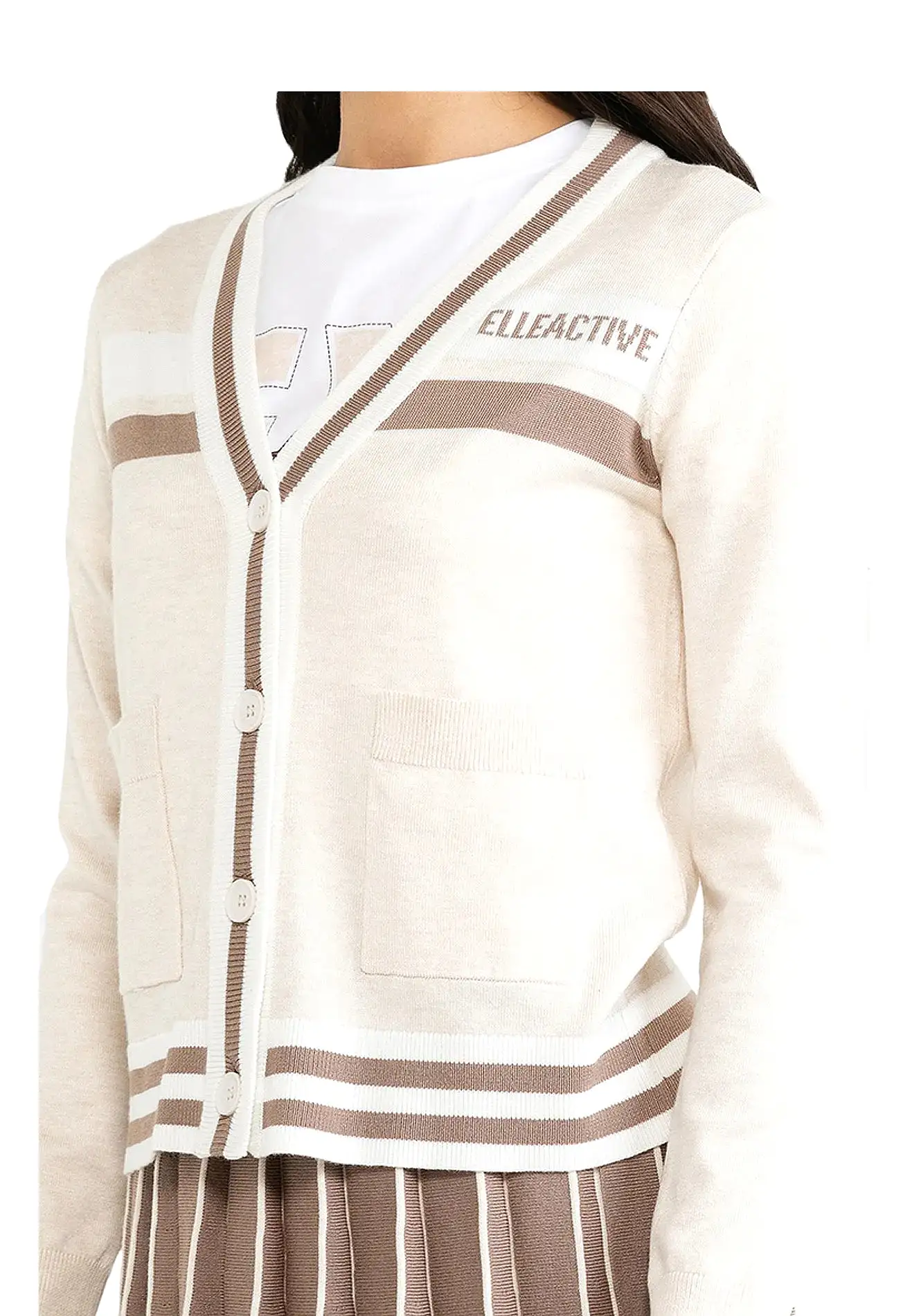 ELLE Active Active Striped Double Front Pocket Knit Cardigan