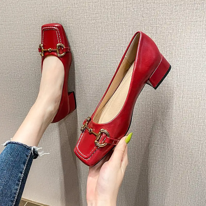 Fashion Thick Heel Square Toe Metal Shallow Mouth Mary Jane Shoes