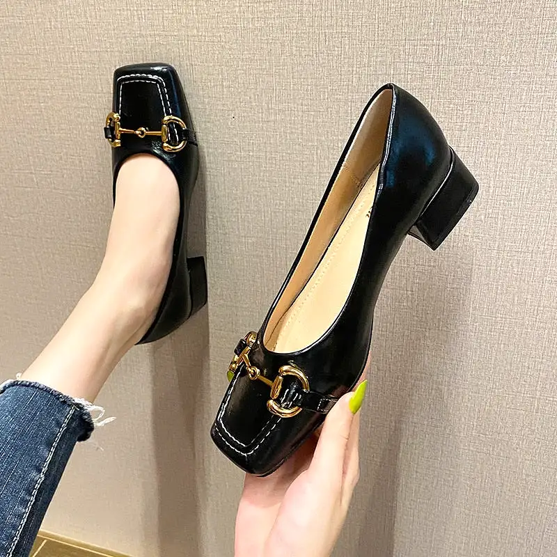 Fashion Thick Heel Square Toe Metal Shallow Mouth Mary Jane Shoes