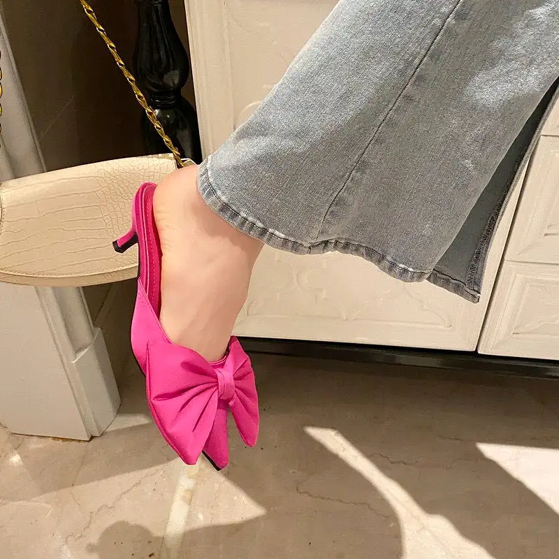 Fashion Women Slippers Thin Low Heels Black Rose Red Shoes Pointed Toe Big Bow Design Slip On Summer Beach Shoes Elegant Mules