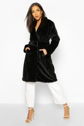 Faux Fur Buckle Belt Longline Coat