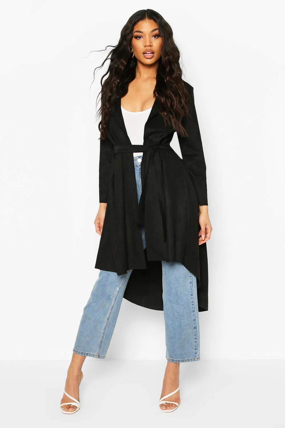 Faux Suede Duster Coat With Tie Waist