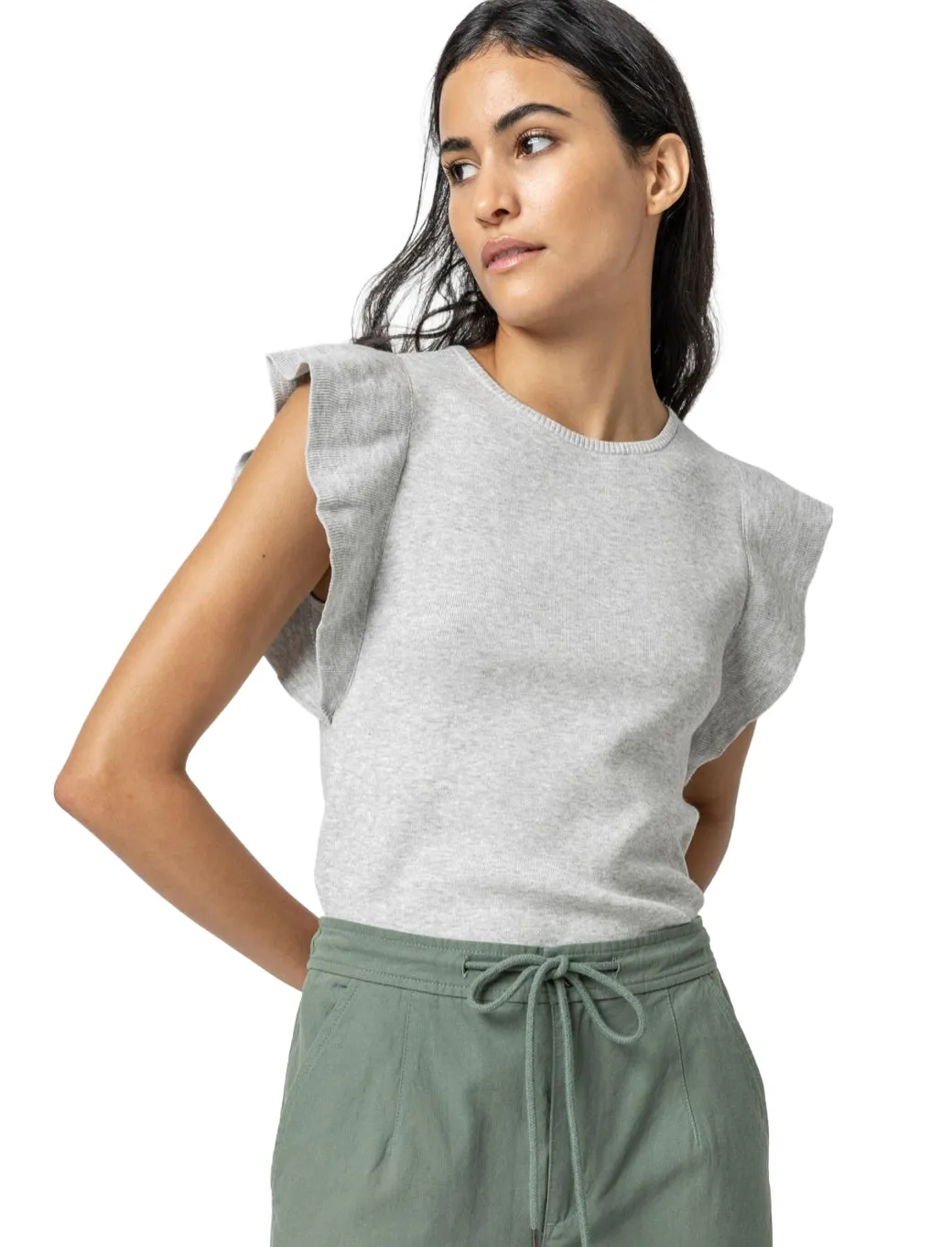 Flutter Sleeve Shell Sweater- Heather Grey