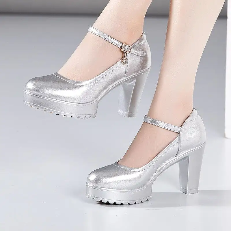 Genuine Leather Thick Heel Platform Wedding Shoes