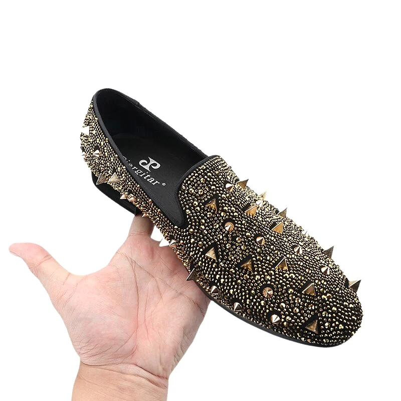 Gold Crystals And Studs Mens Loafers Handmade Slip-On Moccasin Shoes