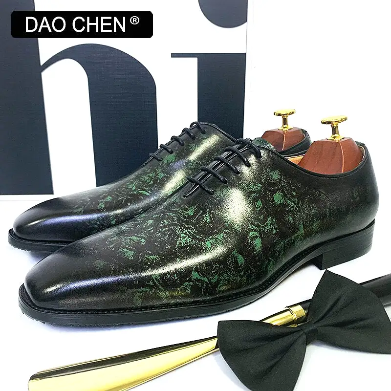 GREEN OXFORD SHOES LACE UP HAND-POLISHED REAL LEATHER WEDDING SHOES